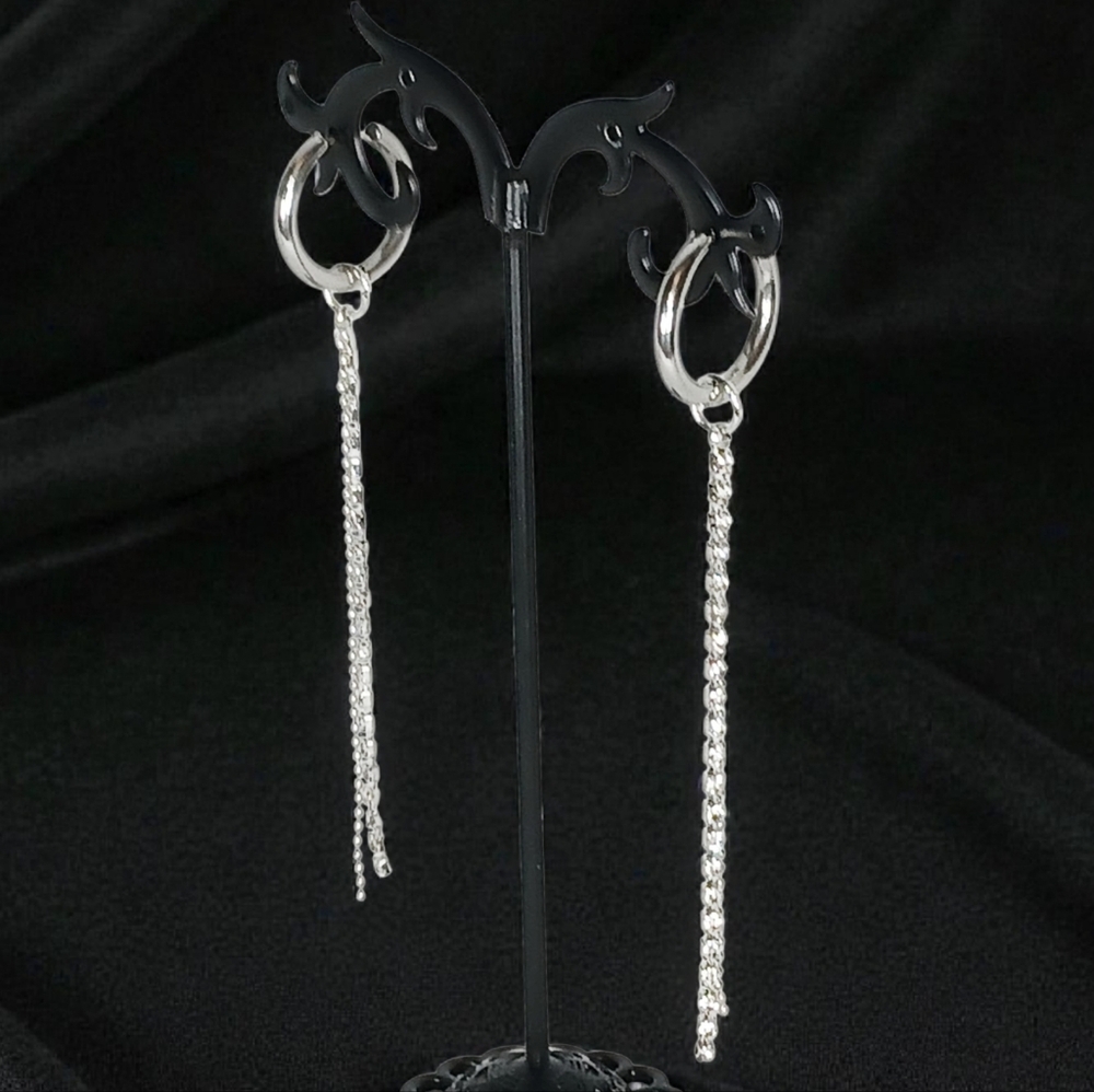 Silver Crystal Huggie Earring Set Rhinestone Chain Fringe Glam Luxe Bling Preppy - Picture 3 of 10